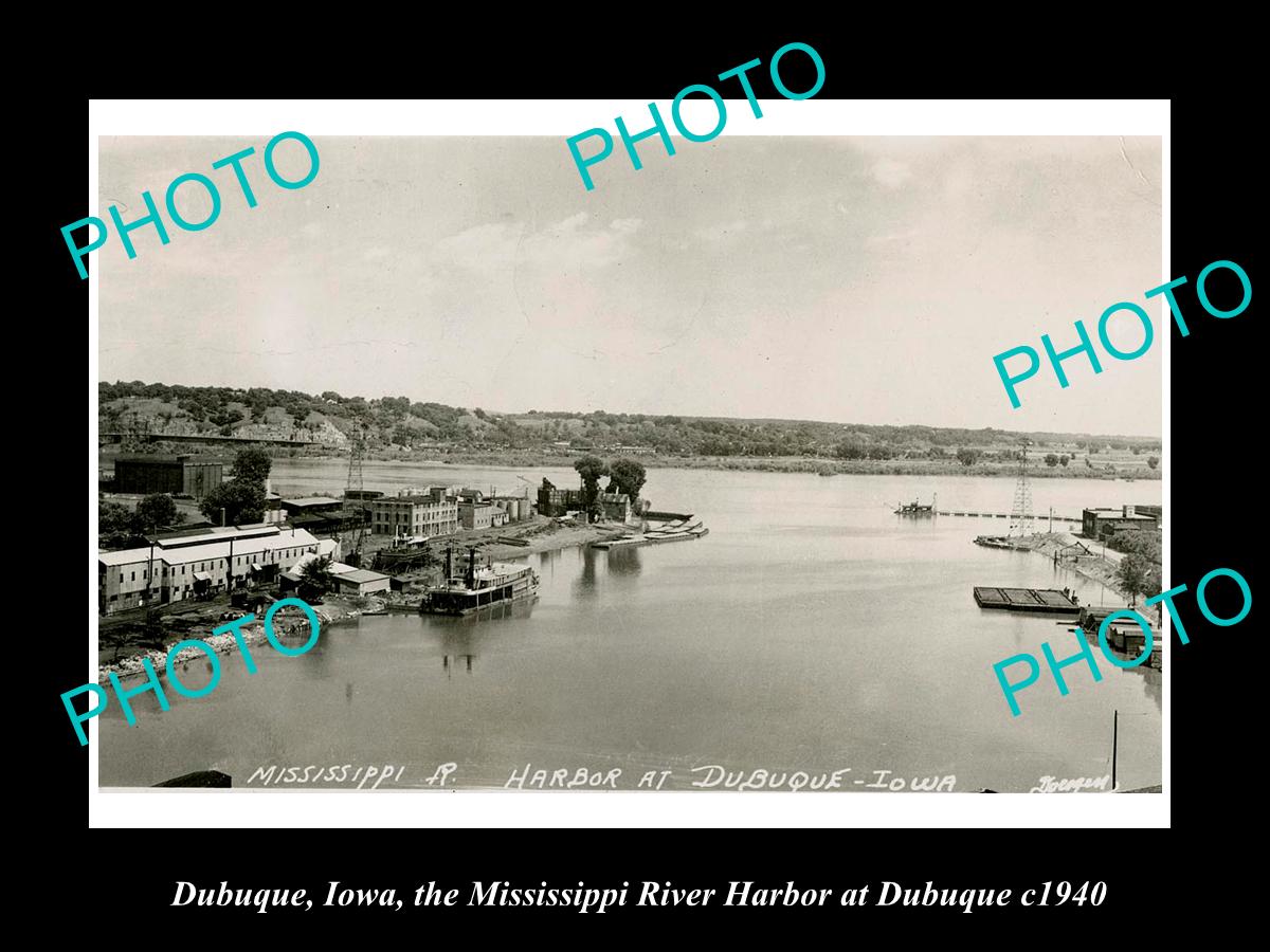 OLD LARGE HISTORIC PHOTO OF DUBUQUE IOWA, VIEW OF THE TOWN & HARBOR c1940 2