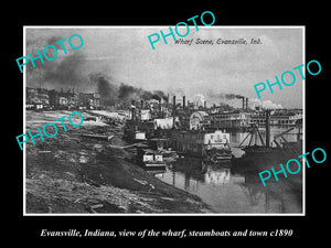 OLD LARGE HISTORIC PHOTO OF EVANSVILLE INDIANA, TOWN,WHARF & STEAMBOATS c1890