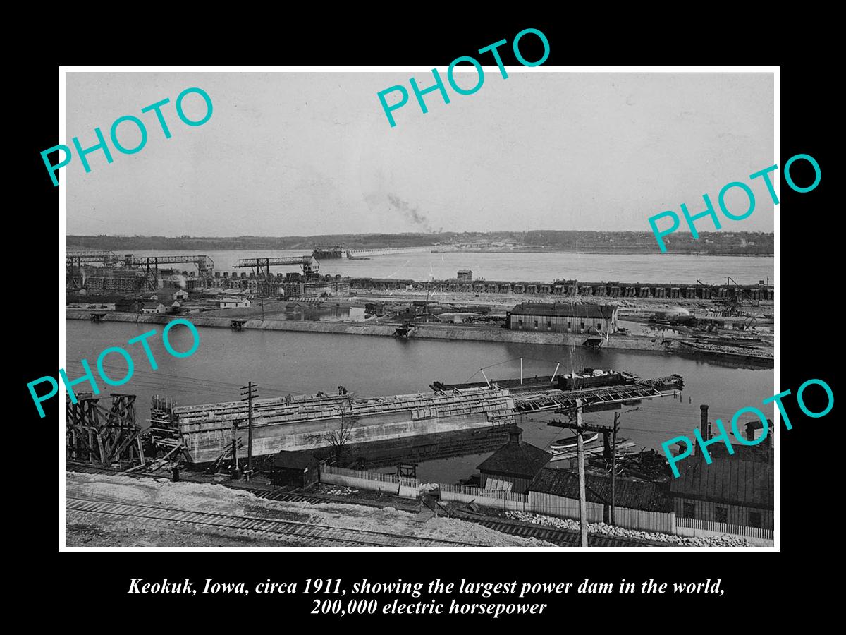 OLD LARGE HISTORIC PHOTO OF KEOKUK IOWA, VIEW OF THE ELECTRIC POWER DAM c1911