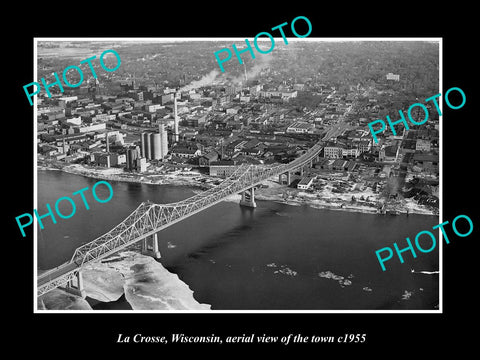 OLD LARGE HISTORIC PHOTO OF LA CROSSE WISCONSIN, AERIAL VIEW OF THE TOWN c1955