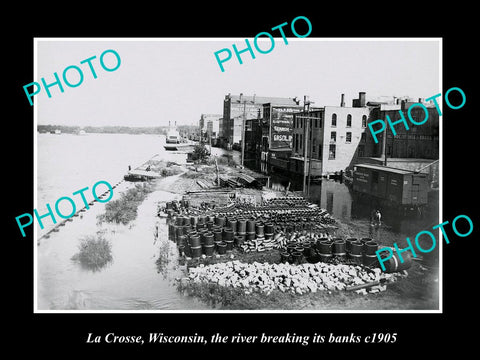 OLD LARGE HISTORIC PHOTO OF LA CROSSE WISCONSIN, WATERFRONT & RIVER FLOOD 1905