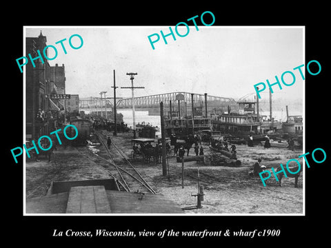 OLD LARGE HISTORIC PHOTO OF LA CROSSE WISCONSIN, THE WATERFRONT & WHARF c1900