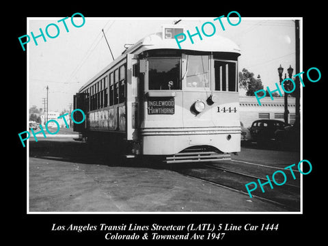 OLD LARGE HISTORIC PHOTO OF LOS ANGELES TRANSIT LINES STREETCAR, CAR 1444 c1947