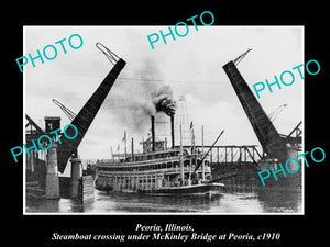 OLD LARGE HISTORIC PHOTO OF PEORIA ILLINOIS, McKINLEY BRIDGE & STEAMBOAT c1910