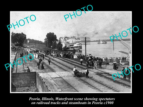 OLD LARGE HISTORIC PHOTO OF PEORIA ILLINOIS, VIEW OF WATERFRONT & STEAMBOAT 1900