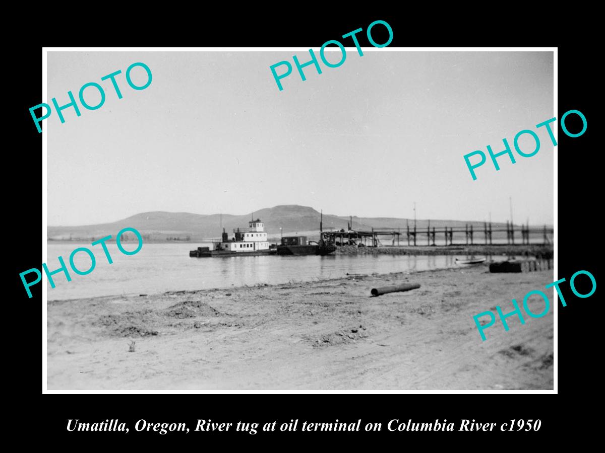 OLD LARGE HISTORIC PHOTO OF UMATILLA OREGON, THE RIVER TUG & OIL TERMINAL c1950