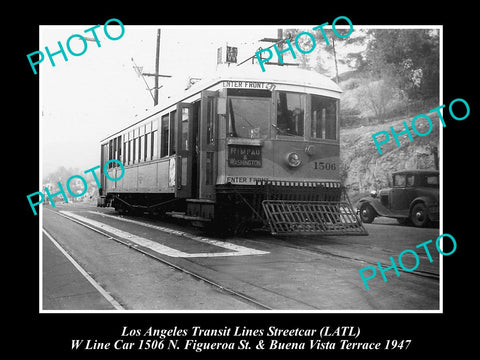 OLD LARGE HISTORIC PHOTO OF LOS ANGELES TRANSIT LINES STREETCAR, CAR 1506 c1947