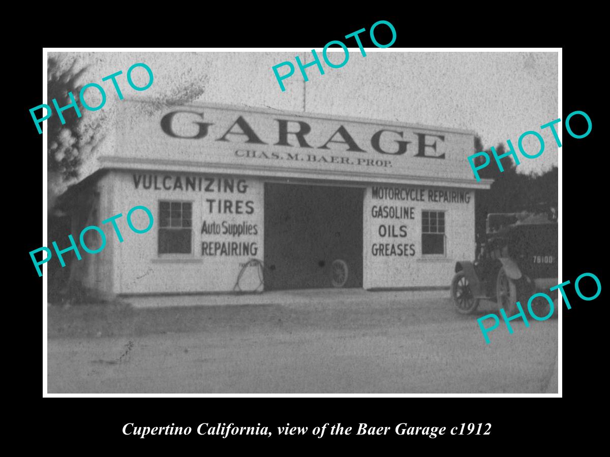 OLD LARGE HISTORIC PHOTO OF CUPERTINO CALIFORNIA, THE BAER MOTOR GARAGE c1912