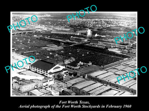 OLD LARGE HISTORIC PHOTO OF FORT WORTH TEXAS, AERIAL VIEW OF STOCKYARDS c1960