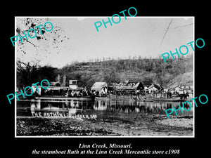 OLD LARGE HISTORIC PHOTO OF LINN CREEK MISSOURI, STEAMBOAT AT THE STORE c1908