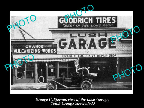 OLD LARGE HISTORIC PHOTO OF ORANGE CALIFORNIA, THE LUSH MOTOR GARAGE c1915