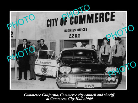 OLD LARGE HISTORIC PHOTO OF COMMERCE CALIFORNIA, THE POLICE & CITY HALL c1960