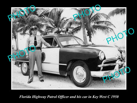 OLD LARGE HISTORIC PHOTO OF FLORIDA HIGHWAY PATROL OFFICER & CAR, KEY WEST c1950