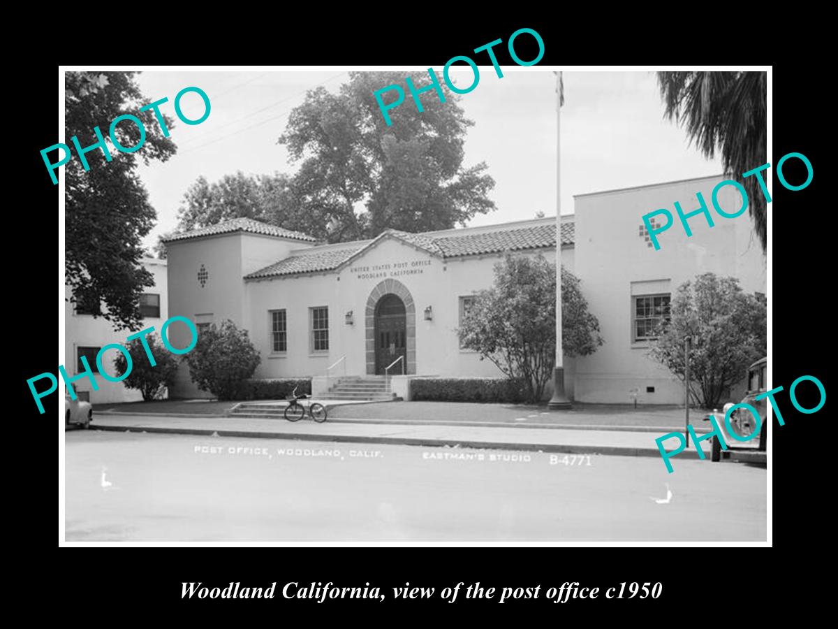 OLD LARGE HISTORIC PHOTO OF WOODLAND CALIFORNIA, VIEW OF THE POST OFFICE c1950