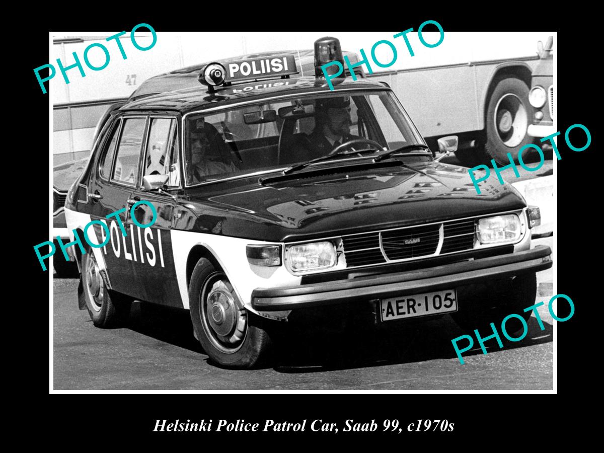 OLD LARGE HISTORIC PHOTO OF HELSINKI POLICE DEPARTMENT PATROL CAR, SAAB c1970s