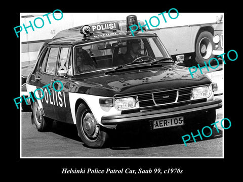 OLD LARGE HISTORIC PHOTO OF HELSINKI POLICE DEPARTMENT PATROL CAR, SAAB c1970s