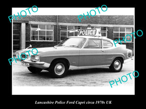 OLD LARGE HISTORIC PHOTO OF LANCASHIRE POLICE PATROL CAR, FORD CAPRI c1970s UK