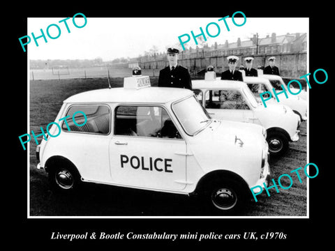 OLD LARGE HISTORIC PHOTO OF LIVERPOOL POLICE PATROL CARS, MORRIS MINI c1970s UK