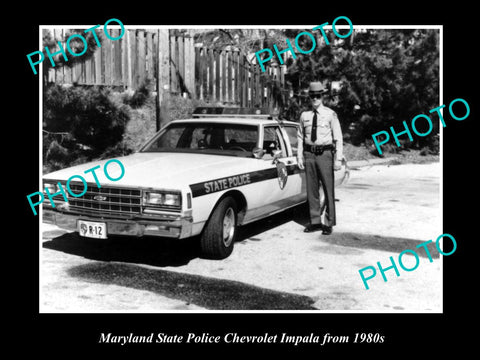 OLD LARGE HISTORIC PHOTO OF MARYLAND POLICE PATROL CAR, CHEVROLET IMPALA c1980s