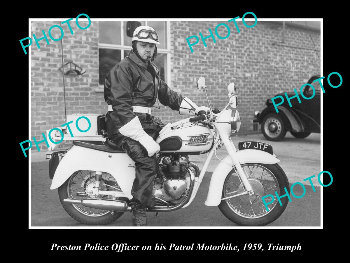 OLD LARGE HISTORIC PHOTO OF PRESTON POLICE PATROL MOTORCYCLE, c1966 UK TRIUMPH