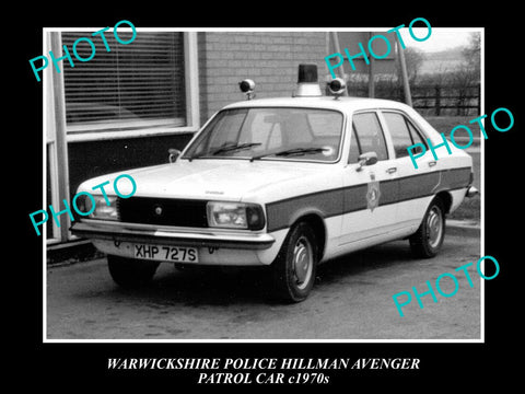 OLD LARGE HISTORIC PHOTO OF WARWICKSHIRE POLICE PATROL CAR, HILLMAN AVENGER 1970