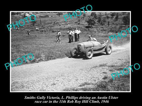 HISTORIC MOTOR RACING PHOTO OF ROB ROY HILL CLIMB, AUSTIN ULSTER RACE CAR c1946