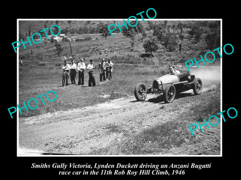 HISTORIC MOTOR RACING PHOTO OF ROB ROY HILL CLIMB, ANZANI BUGATTI RACE CAR c1946