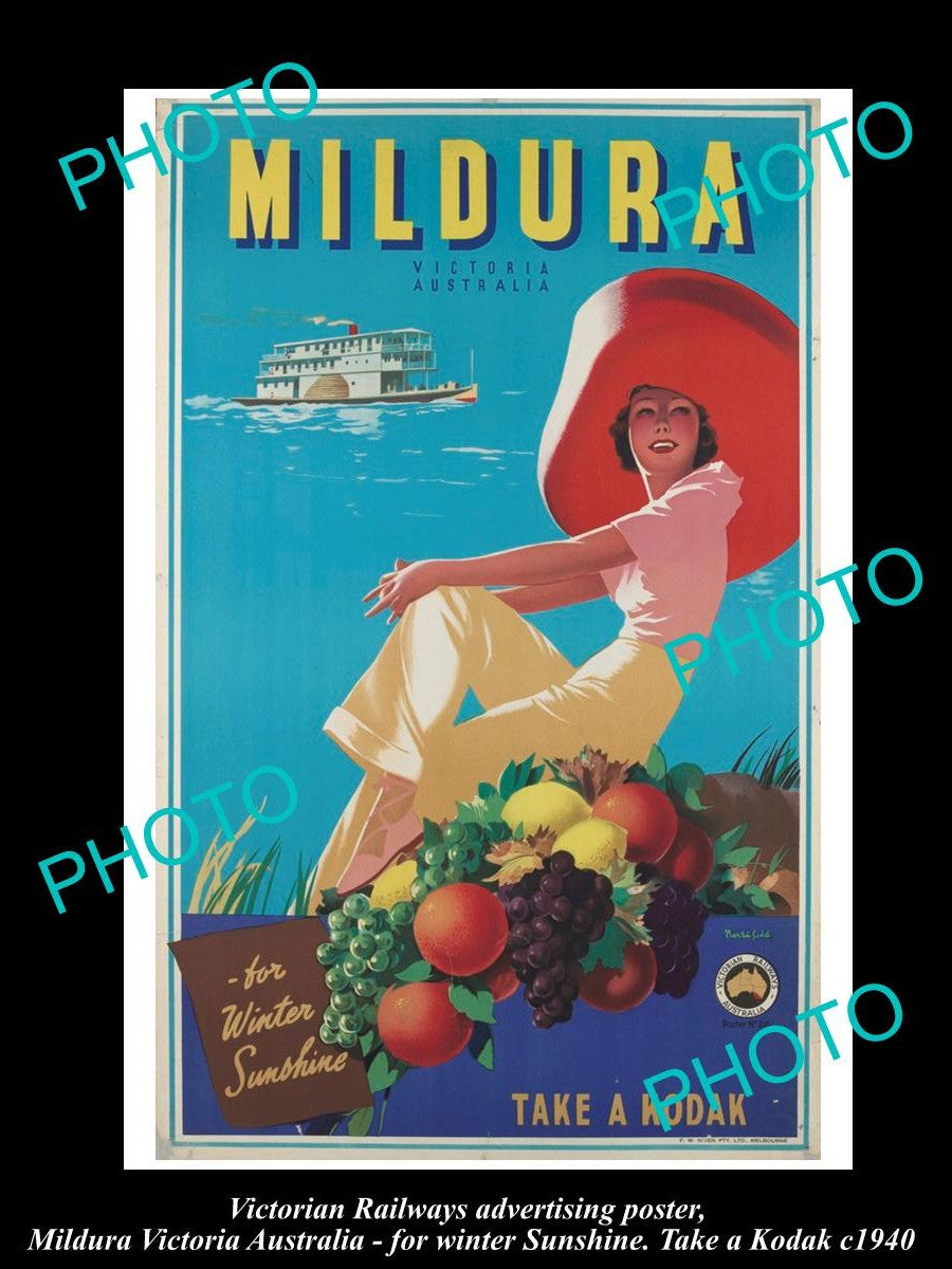 OLD HISTORIC AUSTRALIAN ADVERTISING POSTER, MILDURA VICTORIA, TAKE A KODAK c1940