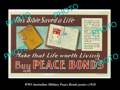 HISTORIC AUSTRALIAN ANZAC WWI MILITARY POSTER, BUY PEACE BONDS, SAVE A LIFE 1918