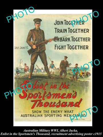 HISTORIC AUSTRALIAN ANZAC WWI MILITARY POSTER, ALBERT JACKA, SPORTSMEN 1000 1915