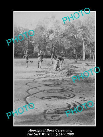 OLD LARGE HISTORIC PHOTO OF ABORIGINAL BORA CEREMONY, THE SICK WARRIOR c1900