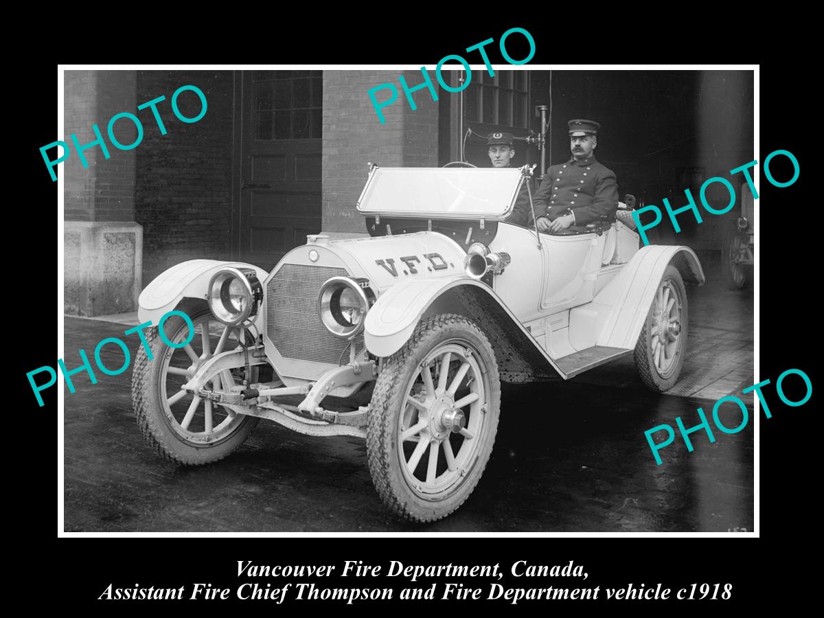 OLD HISTORIC PHOTO OF VANCOUVER FIRE BRIGADE, CANADA, FIRE CHIEF & CAR c1918