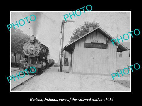 OLD LARGE HISTORIC PHOTO OF EMISON INDIANA, VIEW OF THE RAILROAD STATION c1910