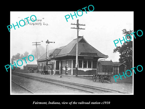 OLD LARGE HISTORIC PHOTO OF FAIRMONT INDIANA, VIEW OF THE RAILROAD STATION c1910