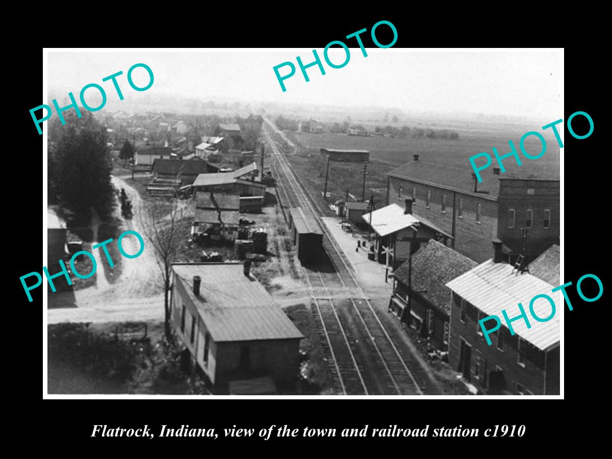 OLD LARGE HISTORIC PHOTO OF FLATROCK INDIANA, THE TOWN & RAILROAD STATION c1910