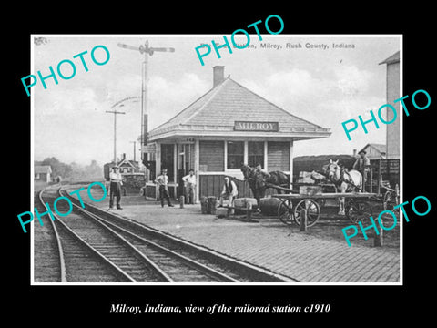 OLD LARGE HISTORIC PHOTO OF MILROY INDIANA, VIEW OF THE RAILROAD STATION c1910