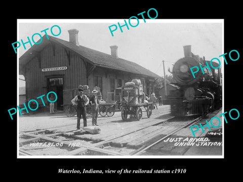 OLD LARGE HISTORIC PHOTO OF WATERLOO INDIANA, VIEW OF THE RAILROAD STATION c1910