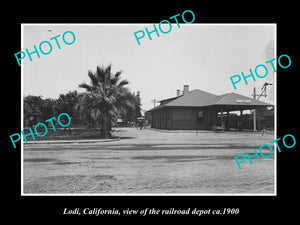 OLD LARGE HISTORIC PHOTO OF LODI CALIFORNIA, VIEW OF THE RAILROAD DEPOT c1900