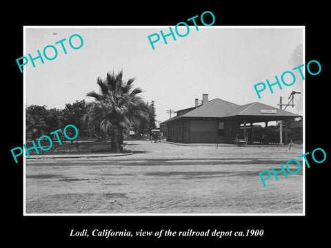 OLD LARGE HISTORIC PHOTO OF LODI CALIFORNIA, VIEW OF THE RAILROAD DEPOT c1900