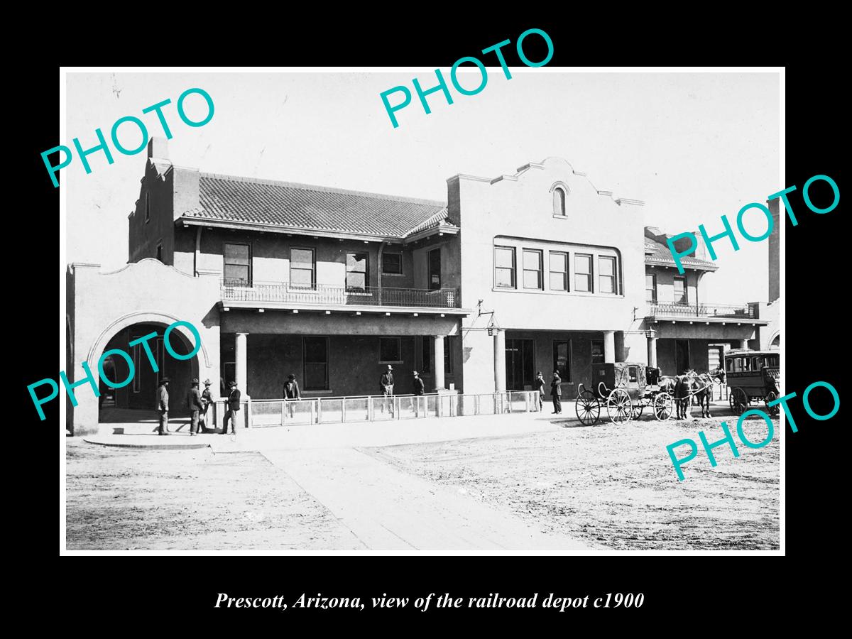 OLD LARGE HISTORIC PHOTO OF PRESCOTT ARIZONA, VIEW OF THE RAILROAD DEPOT c1900