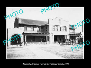 OLD LARGE HISTORIC PHOTO OF PRESCOTT ARIZONA, VIEW OF THE RAILROAD DEPOT c1900