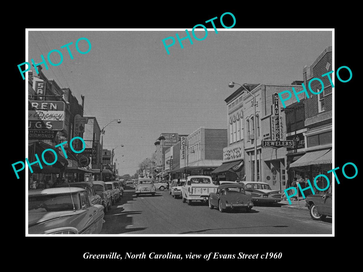 OLD LARGE HISTORIC PHOTO OF GREENVILLE NORTH CAROLINA, VIEW OF EVANS St c1960