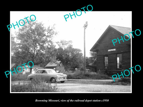 OLD LARGE HISTORIC PHOTO OF BROWNING MISSOURI, THE RAILROAD DEPOT STATION c1950