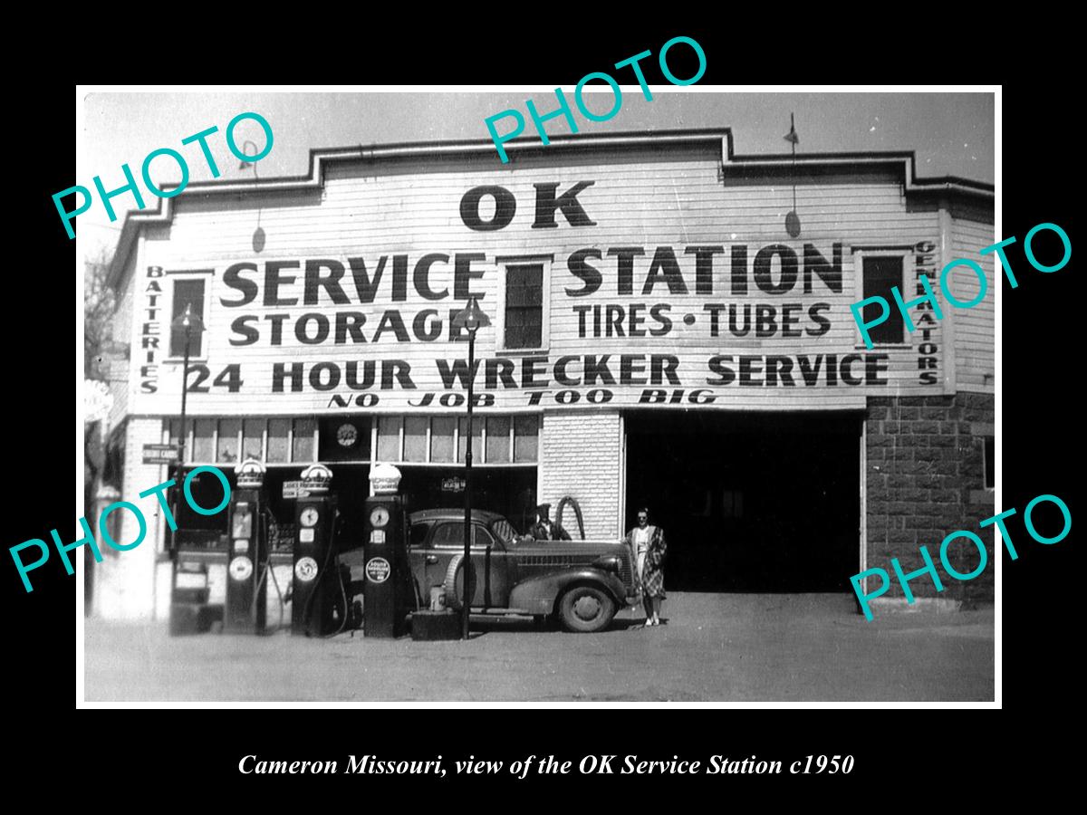 OLD LARGE HISTORIC PHOTO OF CAMERON MISSOURI, THE OK SERVICE STATION c1950