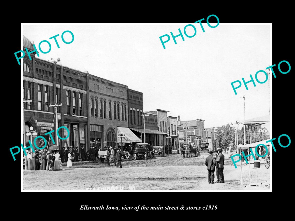 OLD LARGE HISTORIC PHOTO OF ELLSWORTH IOWA, VIEW OF THE MAIN St & STORES c1910