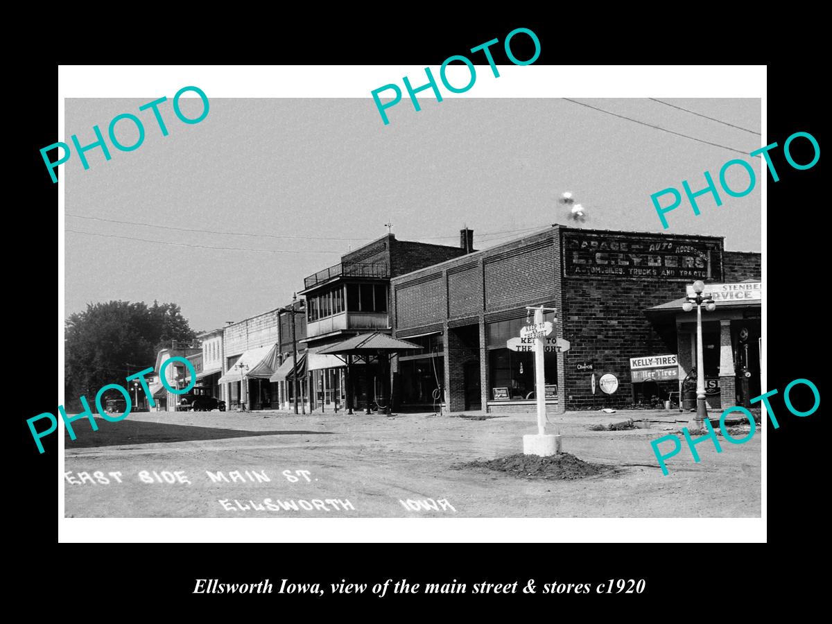 OLD LARGE HISTORIC PHOTO OF ELLSWORTH IOWA, VIEW OF THE MAIN St & STORES c1920