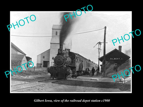 OLD LARGE HISTORIC PHOTO OF GILBERT IOWA, THE RAILROAD DEPOT STATION c1900