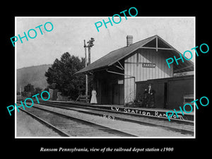 OLD LARGE HISTORIC PHOTO OF RANSOM PENNSYLVANIA, THE RAILROAD DEPOT STATION 1900