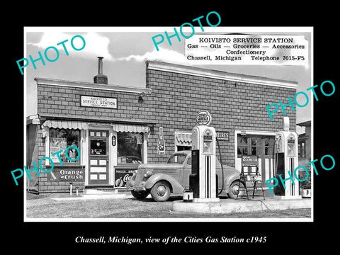 OLD LARGE HISTORIC PHOTO OF CHASSELL MICHIGAN, THE CITIES GAS STATION c1945