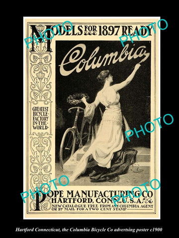 OLD LARGE HISTORIC PHOTO OF HARTFORD CONNECTICUT COLUMBIA BICYCLE POSTER c1900 1